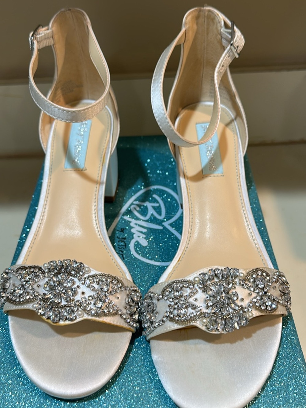 Sandals Blue by Betsey Johnson Mel Rhinestone Evening Sandals (Ivory, Size 8)